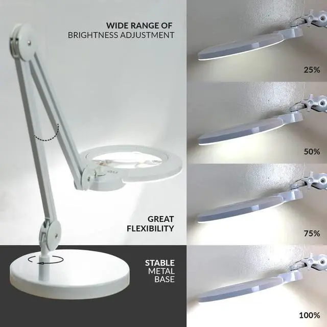 Alt view image 3 of 7 - XL Bifocal LED Magnifying Lamp, 7-Inch Acrylic Lens, 5D/20D Magnification, Hands-Free, Dimmable, 84 SMD LED, Adjustable Arm for Crafts, Reading, Close Work (White, with Base) by DT
