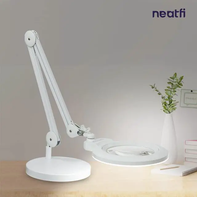 Alt view image 7 of 7 - XL Bifocal LED Magnifying Lamp, 7-Inch Acrylic Lens, 5D/20D Magnification, Hands-Free, Dimmable, 84 SMD LED, Adjustable Arm for Crafts, Reading, Close Work (White, with Base) by DT