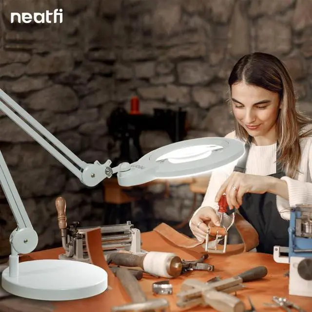 Alt view image 5 of 7 - XL Bifocal LED Magnifying Lamp, 7-Inch Acrylic Lens, 5D/20D Magnification, Hands-Free, Dimmable, 84 SMD LED, Adjustable Arm for Crafts, Reading, Close Work (White, with Base) by DT