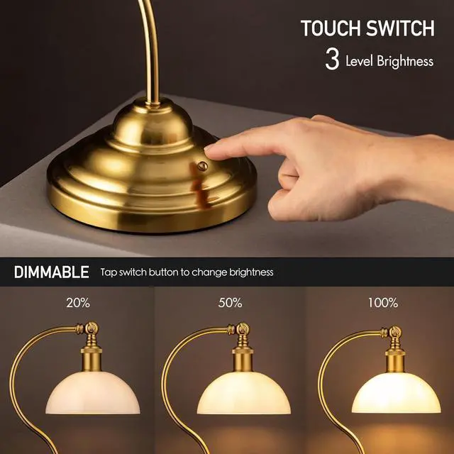 Alt view image 2 of 7 - Bs - Cordless LED Table Lamp, Battery-Operated, Rechargeable, 3-Ll Dimming, Universal USB-C Charging, 180° Swivel Head, White Jade Glass Shade, Antique Brass by DT
