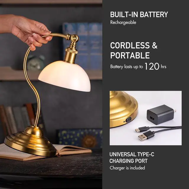 Alt view image 3 of 7 - Bs - Cordless LED Table Lamp, Battery-Operated, Rechargeable, 3-Ll Dimming, Universal USB-C Charging, 180° Swivel Head, White Jade Glass Shade, Antique Brass by DT