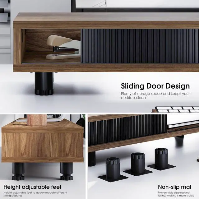 Alt view image 2 of 7 - Dual Monitor Stand, 42.5inch Long Stands Riser for 2 Monitors, Sliding Door with Storage Organizer Stand Desk, Tier Desk Shelf Laptop, Pc, Printer, Computer, TV by DT