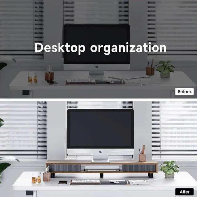 Alt view image 6 of 7 - Dual Monitor Stand, 42.5inch Long Stands Riser for 2 Monitors, Sliding Door with Storage Organizer Stand Desk, Tier Desk Shelf Laptop, Pc, Printer, Computer, TV by DT