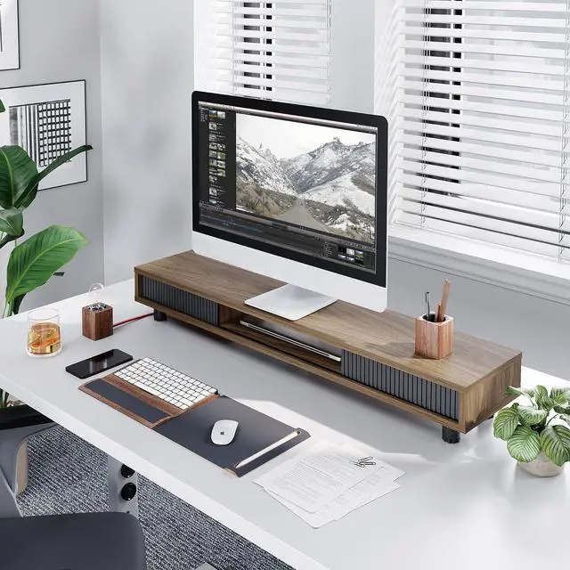 Alt view image 7 of 7 - Dual Monitor Stand, 42.5inch Long Stands Riser for 2 Monitors, Sliding Door with Storage Organizer Stand Desk, Tier Desk Shelf Laptop, Pc, Printer, Computer, TV by DT