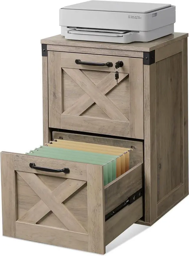 Main image of 2 Drawer File Cabinet with Lock, Wood Farmhouse Filing for Home Office, Printer Stand Fits Letter and A4 Size, Gray Oak by DT