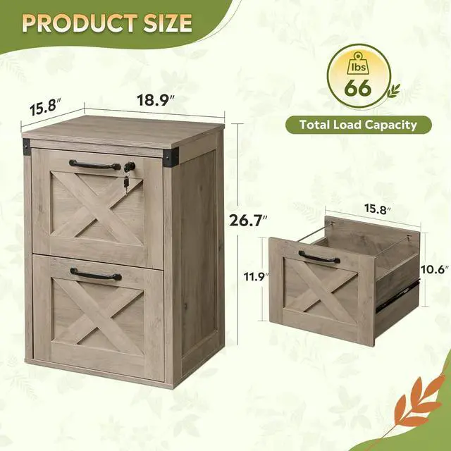 Alt view image 3 of 7 - 2 Drawer File Cabinet with Lock, Wood Farmhouse Filing for Home Office, Printer Stand Fits Letter and A4 Size, Gray Oak by DT
