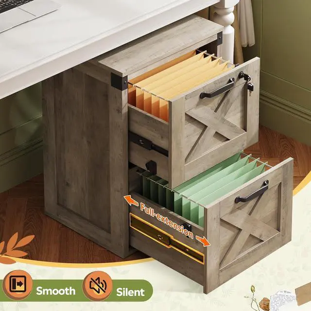 Alt view image 4 of 7 - 2 Drawer File Cabinet with Lock, Wood Farmhouse Filing for Home Office, Printer Stand Fits Letter and A4 Size, Gray Oak by DT