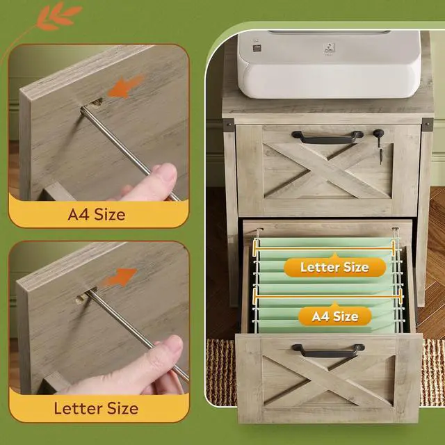 Alt view image 5 of 7 - 2 Drawer File Cabinet with Lock, Wood Farmhouse Filing for Home Office, Printer Stand Fits Letter and A4 Size, Gray Oak by DT