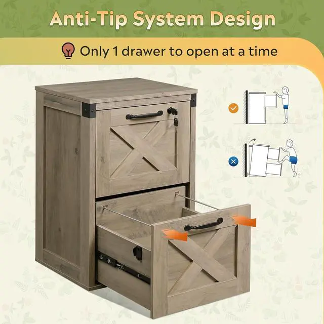 Alt view image 7 of 7 - 2 Drawer File Cabinet with Lock, Wood Farmhouse Filing for Home Office, Printer Stand Fits Letter and A4 Size, Gray Oak by DT