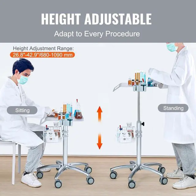 Alt view image 5 of 7 - Medical Mobile Trolley With Wheels 29.5"-41.3" Height Adjustable Stainless Steel Dental Cart Rolling Desktop Lab 16.5" 15.7" Large Tabletop by DT