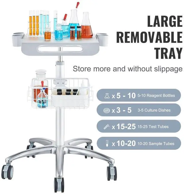 Alt view image 6 of 7 - Medical Mobile Trolley With Wheels 29.5"-41.3" Height Adjustable Stainless Steel Dental Cart Rolling Desktop Lab 16.5" 15.7" Large Tabletop by DT