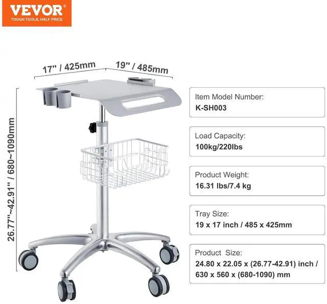 Alt view image 7 of 7 - Medical Mobile Trolley With Wheels 29.5"-41.3" Height Adjustable Stainless Steel Dental Cart Rolling Desktop Lab 16.5" 15.7" Large Tabletop by DT