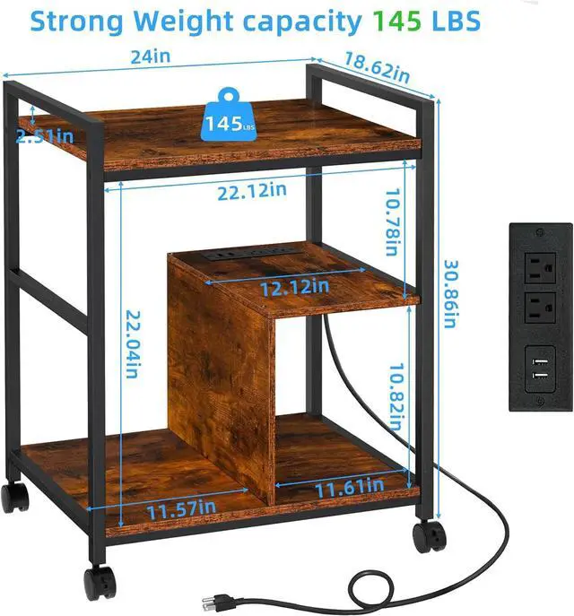 Alt view image 2 of 7 - Printer Stand with Charging Station and USB Ports, Large 3-Tier Mobile Table Storage Shelf, Brown Rolling Industrial Cart Lockable Wheels for Home Office by DT