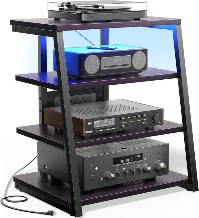 Main image of AV Media Stand with Outlets, Console LED Lights, Stereo Racks and Stands Storage Shelves, Audio Tower Cabinet, Black Enoby by DT