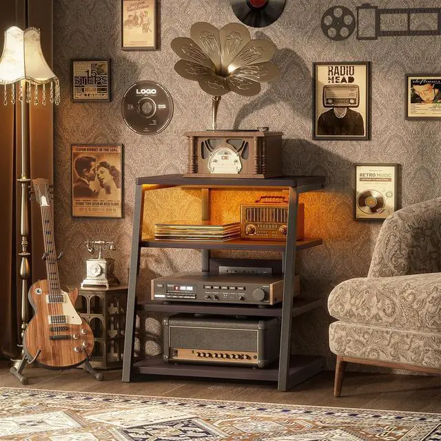 Alt view image 2 of 7 - AV Media Stand with Outlets, Console LED Lights, Stereo Racks and Stands Storage Shelves, Audio Tower Cabinet, Black Enoby by DT