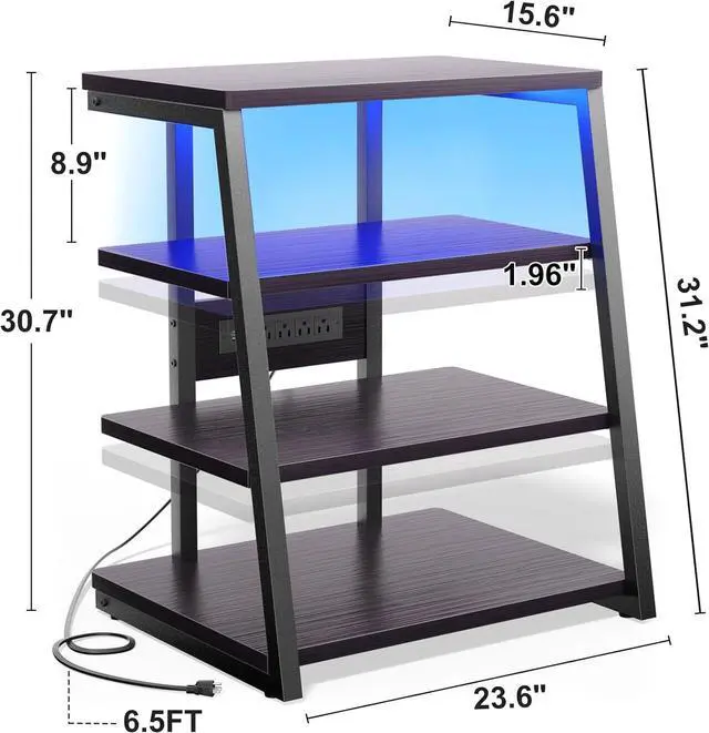 Alt view image 3 of 7 - AV Media Stand with Outlets, Console LED Lights, Stereo Racks and Stands Storage Shelves, Audio Tower Cabinet, Black Enoby by DT