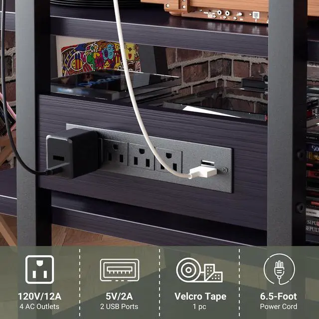 Alt view image 7 of 7 - AV Media Stand with Outlets, Console LED Lights, Stereo Racks and Stands Storage Shelves, Audio Tower Cabinet, Black Enoby by DT