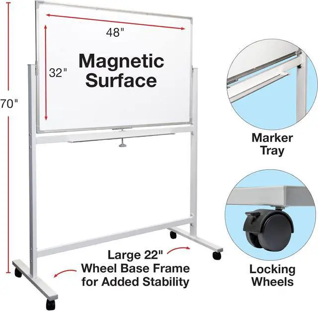 Alt view image 4 of 5 - Large 48"x32" White Board on Wheels: 1 Rrsible Magnetic Dry Erase with Rolling Stand, 4 Markers, Eraser, Magnets, Marker Tray (White) by DT
