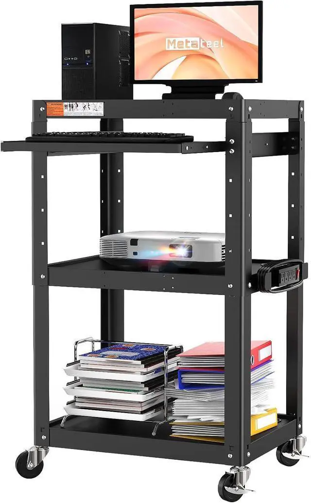 Main image of AV Presentation Cart Stand for Video Projector,TV,Laptop Computers,Printers,Metal Construction Rolling with Adjustable Shelves,4 Wheels,4 Outlets, 5.75ft Cord,Support 300 lbs,Black by DT