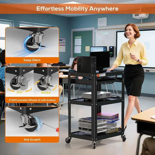 Alt view image 2 of 7 - AV Presentation Cart Stand for Video Projector,TV,Laptop Computers,Printers,Metal Construction Rolling with Adjustable Shelves,4 Wheels,4 Outlets, 5.75ft Cord,Support 300 lbs,Black by DT