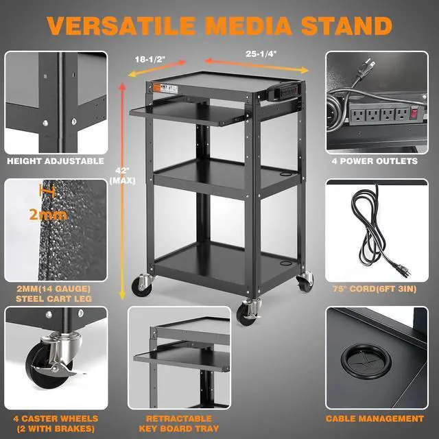 Alt view image 4 of 7 - AV Presentation Cart Stand for Video Projector,TV,Laptop Computers,Printers,Metal Construction Rolling with Adjustable Shelves,4 Wheels,4 Outlets, 5.75ft Cord,Support 300 lbs,Black by DT