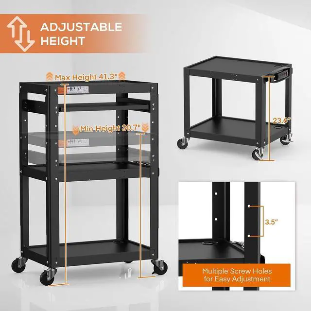 Alt view image 6 of 7 - AV Presentation Cart Stand for Video Projector,TV,Laptop Computers,Printers,Metal Construction Rolling with Adjustable Shelves,4 Wheels,4 Outlets, 5.75ft Cord,Support 300 lbs,Black by DT