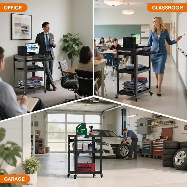 Alt view image 7 of 7 - AV Presentation Cart Stand for Video Projector,TV,Laptop Computers,Printers,Metal Construction Rolling with Adjustable Shelves,4 Wheels,4 Outlets, 5.75ft Cord,Support 300 lbs,Black by DT