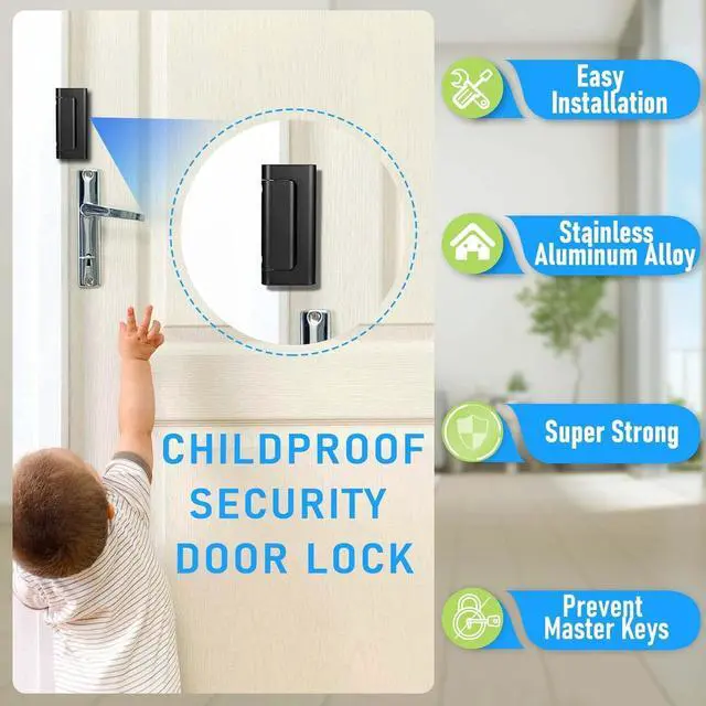Alt view image 4 of 7 - 4Pack Home Security Door Reinforcement Lock, Childproof Safety Door Lock Latch Inside Stopper, Add High Security to Prevent Home Unauthorized Entry, Aluminum Construction Finish Black
