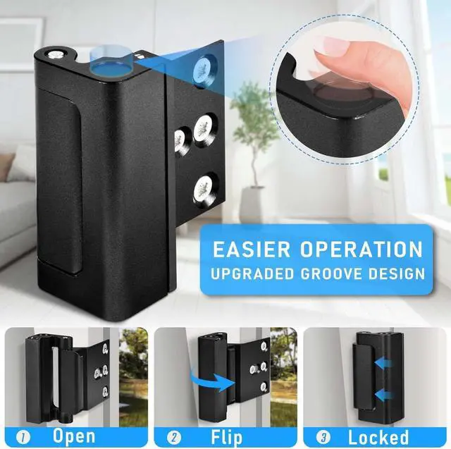 Alt view image 6 of 7 - 4Pack Home Security Door Reinforcement Lock, Childproof Safety Door Lock Latch Inside Stopper, Add High Security to Prevent Home Unauthorized Entry, Aluminum Construction Finish Black