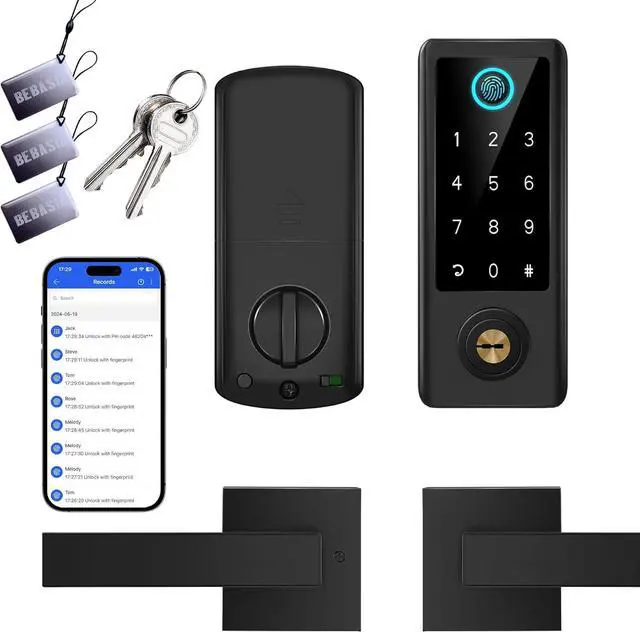 Main image of Smart Fingerprint Door Lock with Handle Set, Full App Control, Electronic Digital Touchscreen Keypad, Deadbolt Smart Locks for Front Door, Auto Lock, Black