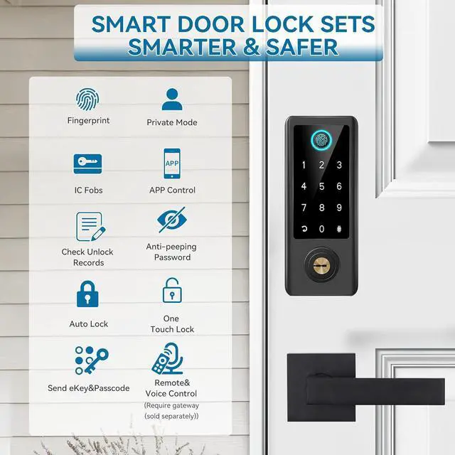 Alt view image 2 of 7 - Smart Fingerprint Door Lock with Handle Set, Full App Control, Electronic Digital Touchscreen Keypad, Deadbolt Smart Locks for Front Door, Auto Lock, Black
