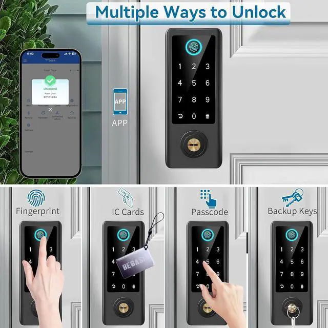 Alt view image 3 of 7 - Smart Fingerprint Door Lock with Handle Set, Full App Control, Electronic Digital Touchscreen Keypad, Deadbolt Smart Locks for Front Door, Auto Lock, Black