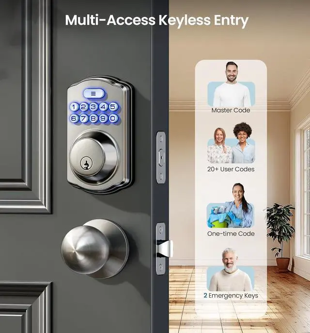 Alt view image 2 of 6 - Keyless Entry Door Lock with 2 Knobs, Electronic Backlit Keypad Deadbolt with Handle Set, Auto Lock, One-time Codes, Smart Deadbolt for Front Door, Easy Installation, Satin Nickel