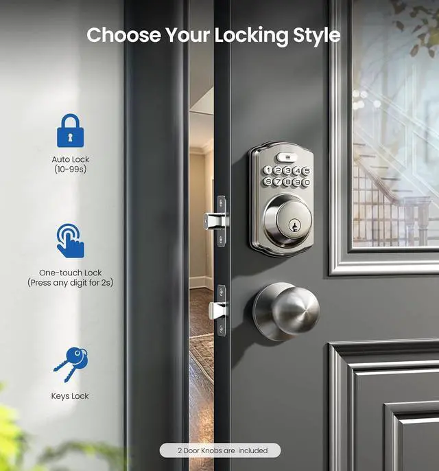 Alt view image 3 of 6 - Keyless Entry Door Lock with 2 Knobs, Electronic Backlit Keypad Deadbolt with Handle Set, Auto Lock, One-time Codes, Smart Deadbolt for Front Door, Easy Installation, Satin Nickel