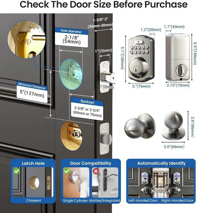 Alt view image 6 of 6 - Keyless Entry Door Lock with 2 Knobs, Electronic Backlit Keypad Deadbolt with Handle Set, Auto Lock, One-time Codes, Smart Deadbolt for Front Door, Easy Installation, Satin Nickel