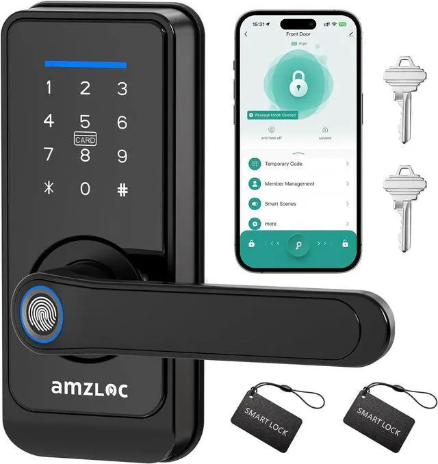 Main image of Smart Fingerprint Lock,Lever Door Handle Lock with Keypad,Keyless Entry Door Lock for Front Door and Bedrooms,Electronic Code Deadbolt Lock with Handle,Bluetooth App Control,IP65 Weatherproof