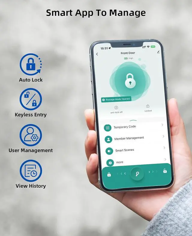 Alt view image 3 of 7 - Smart Fingerprint Lock,Lever Door Handle Lock with Keypad,Keyless Entry Door Lock for Front Door and Bedrooms,Electronic Code Deadbolt Lock with Handle,Bluetooth App Control,IP65 Weatherproof