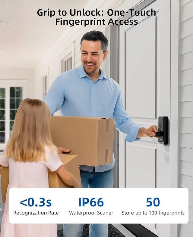 Alt view image 4 of 7 - Smart Fingerprint Lock,Lever Door Handle Lock with Keypad,Keyless Entry Door Lock for Front Door and Bedrooms,Electronic Code Deadbolt Lock with Handle,Bluetooth App Control,IP65 Weatherproof