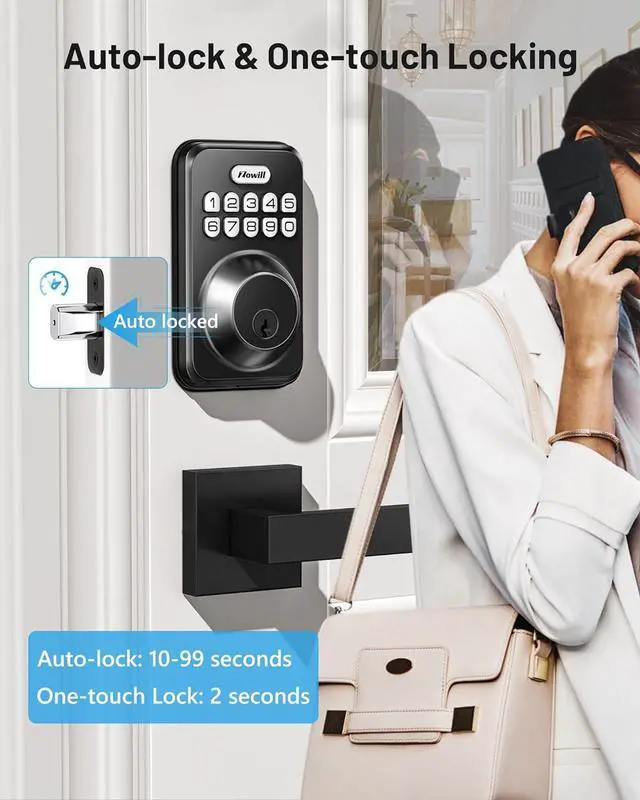 Alt view image 3 of 7 - Keyless Entry Door Lock with 2 Lever Handles,  Electronic Keypad Deadbolt, Auto-Locking, Anti-Peeping Password, Digital Code Door Lock, Front Door Handle Sets, Matte Black