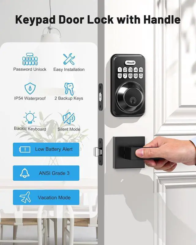 Alt view image 5 of 7 - Keyless Entry Door Lock with 2 Lever Handles,  Electronic Keypad Deadbolt, Auto-Locking, Anti-Peeping Password, Digital Code Door Lock, Front Door Handle Sets, Matte Black