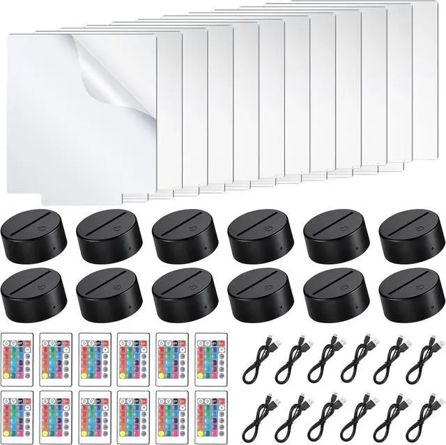 Main image of 12 Pieces Clear Acrylic Sheets and 12 Pieces 3D Night LED Light Lamp Base with Remote Control and USB Cable, DIY Acrylic Lamp Base Set for Restaurant Bar Cafe Shop Room Decoration (Rectangular)