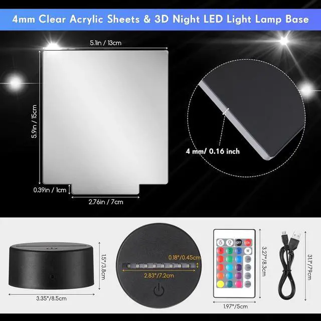 Alt view image 2 of 7 - 12 Pieces Clear Acrylic Sheets and 12 Pieces 3D Night LED Light Lamp Base with Remote Control and USB Cable, DIY Acrylic Lamp Base Set for Restaurant Bar Cafe Shop Room Decoration (Rectangular)