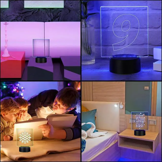 Alt view image 7 of 7 - 12 Pieces Clear Acrylic Sheets and 12 Pieces 3D Night LED Light Lamp Base with Remote Control and USB Cable, DIY Acrylic Lamp Base Set for Restaurant Bar Cafe Shop Room Decoration (Rectangular)