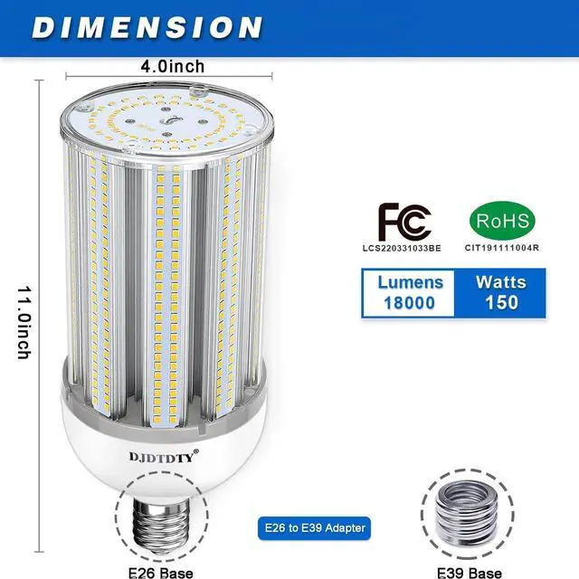 Alt view image 2 of 7 - 2 Pack 150W LED Corn Light Bulb, Super Bright 150Watt Corn Bulbs, E26 Base with E39 Adapter,5000K,18000LM LED Light Bulb for Garage Warehouse Workshop Barn (150W)