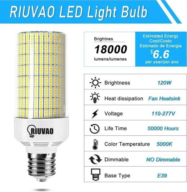 Alt view image 3 of 6 - 120W LED Corn Light Bulb 5000K Daylight 18000 Lumens Super Bright with Fan Radiator 1200W Equivalent E39/E40 Base LED Corn Bulb Suitable for outdoor Factory Workshop Underground Garage and More 2 pack