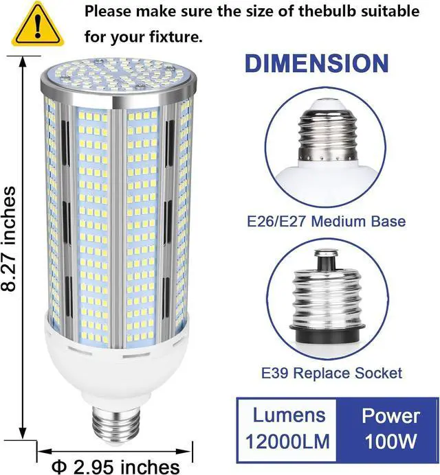Alt view image 3 of 7 - 100W LED Corn Bulb 2 Pack, 12000 Lumens Super Bright Light, 5000K Daylight White LED Corn Light Bulb, E26/E39 Mogul Base LED Bulb for Outdoor Indoor Garage Warehouse Factory Workshop