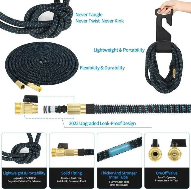 Alt view image 4 of 7 - 100 ft Expandable Garden Hose - 2025 New Kink Free Flexible Water Hose 100ft with 10 Pattern Spray Nozzle, 3/4 Solid Brass Connectors, Retractable Latex Core - Lightweight Expanding Hose