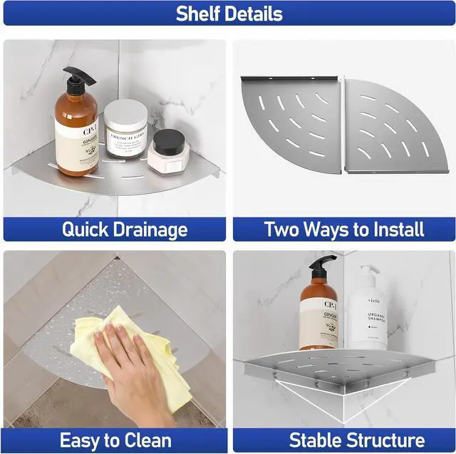 Alt view image 3 of 4 - 2 Pack Corner Shower Shelves 304 Stainless Steel Brushed Nickel Bathroom Corner Shower Shelf 8 in Drilling Installation