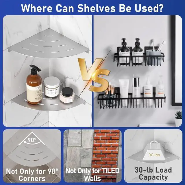 Alt view image 4 of 4 - 2 Pack Corner Shower Shelves 304 Stainless Steel Brushed Nickel Bathroom Corner Shower Shelf 8 in Drilling Installation