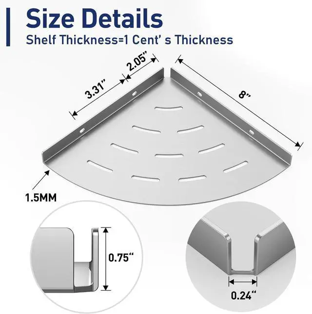 Alt view image 2 of 4 - 2 Pack Corner Shower Shelves 304 Stainless Steel Brushed Nickel Bathroom Corner Shower Shelf 8 in Drilling Installation